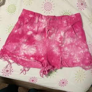 Pink tie dye high waisted jean shorts